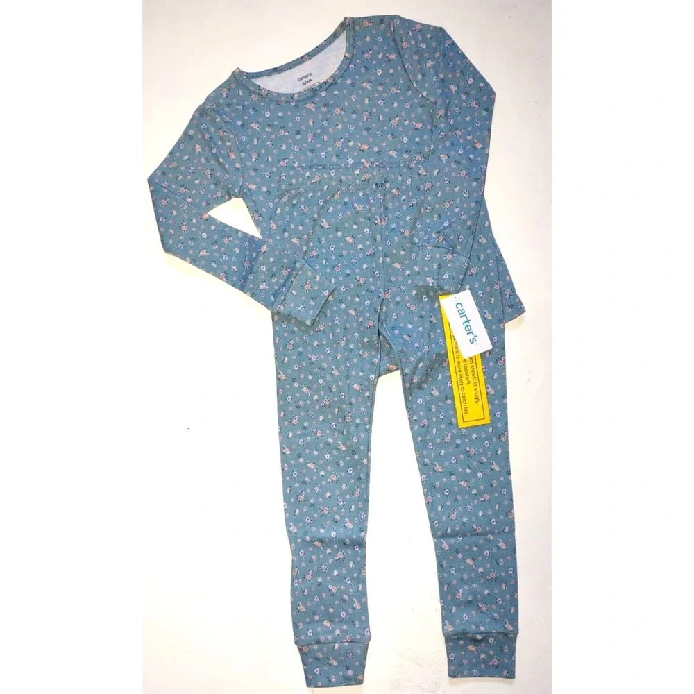 Carter's 2pc Blue Floral Girls Sz 4 Pajamas Cotton Long Sleeve Pants Set NWT‎